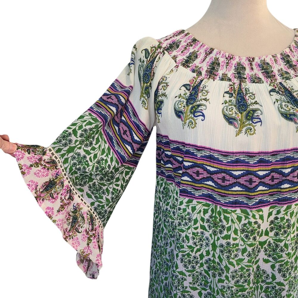 Millenium Boho Chic Mixed Print Dress Tunic Sz S Bell Sleeve Peasant Festival